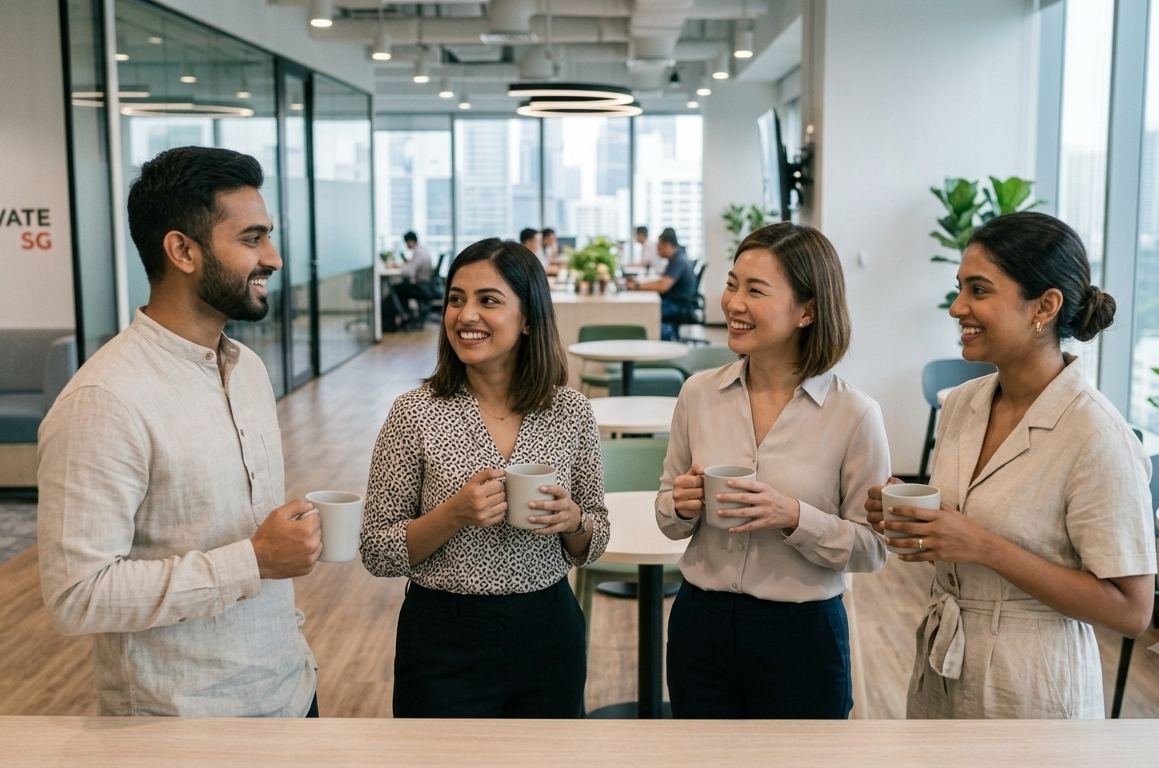 Members of the Perfozi team talking over coffee in the office